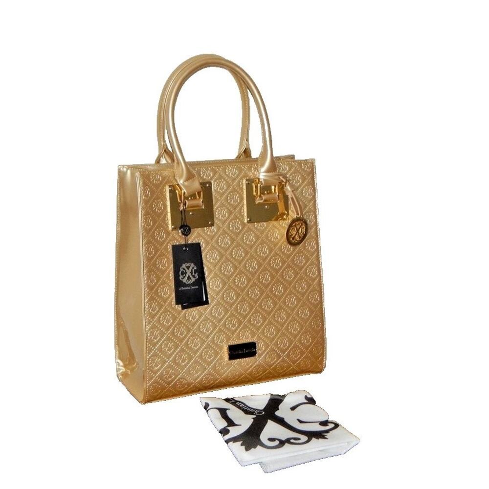 NWT Christian Lacroix Paris SCARLETT Embossed Leather Tote Handbag Gold
